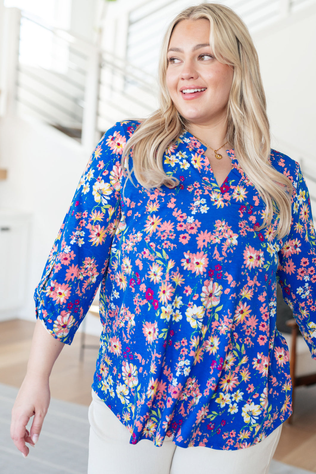 DEAR SCARLETT- Lizzy Top in Royal and Blush Floral